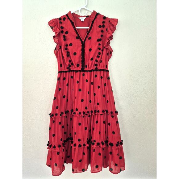 Crown & Ivy Petite Womens Dress Size Med Red Black Ruffles Flounce Feminine - Picture 1 of 8